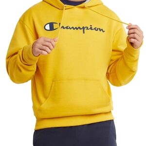 Champion Yellow Pullover Hoodie with Navy Script Logo